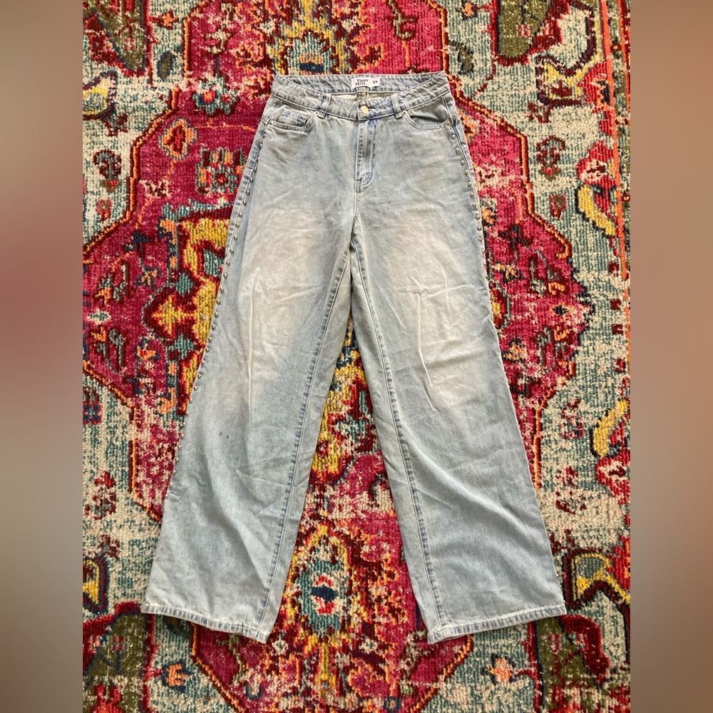 Tiger Mist Low Rise Light Wash Faded Baggy Wide Leg Jeans with Stud Detail